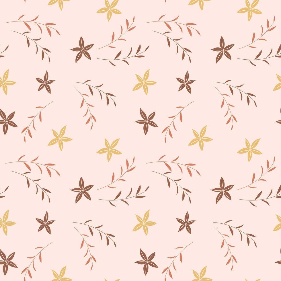 Seamless pattern, small flowers and scattered leaves. Floral rustic background, print, textile, wallpaper, vector