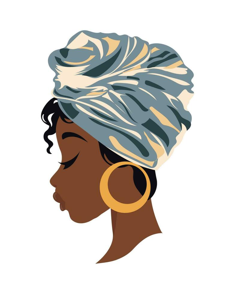 Portrait of a beautiful African woman in a national headdress in profile. Illustration, vector