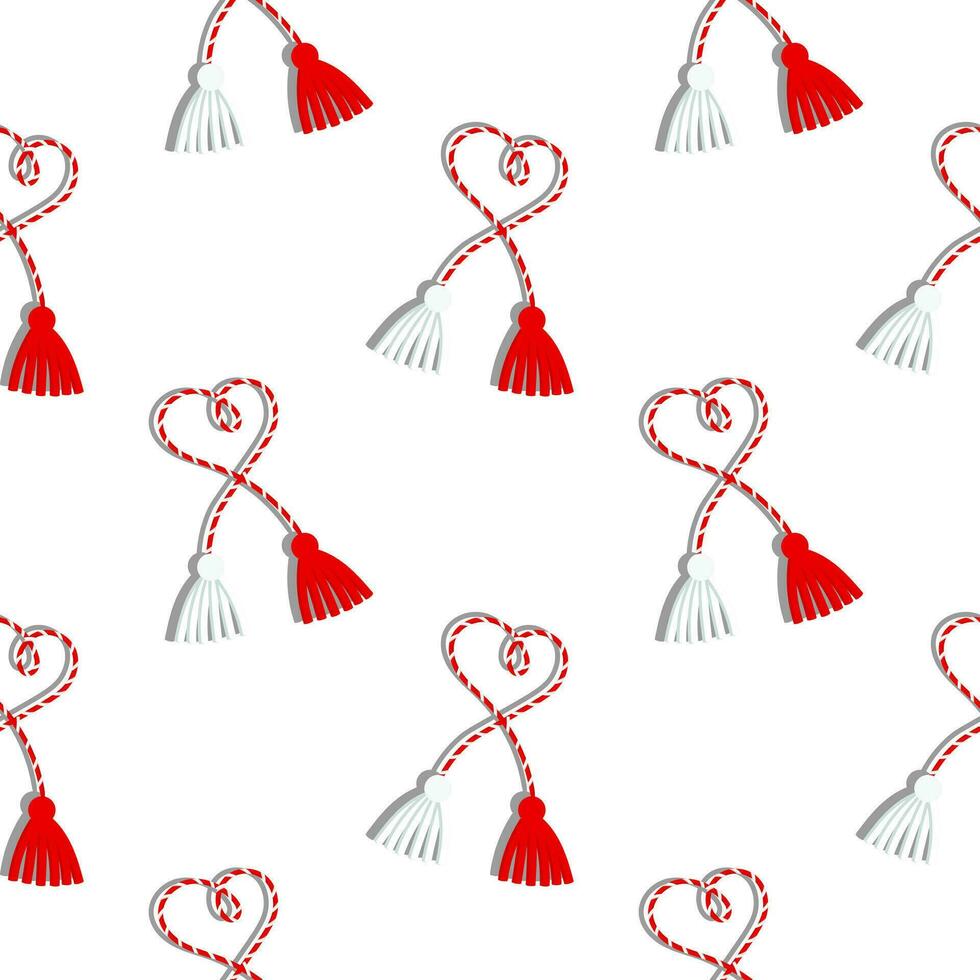 Seamless pattern, Martisor, red and white symbol of spring. Traditional spring holiday in Romania and Moldova. March 1. Background, vector