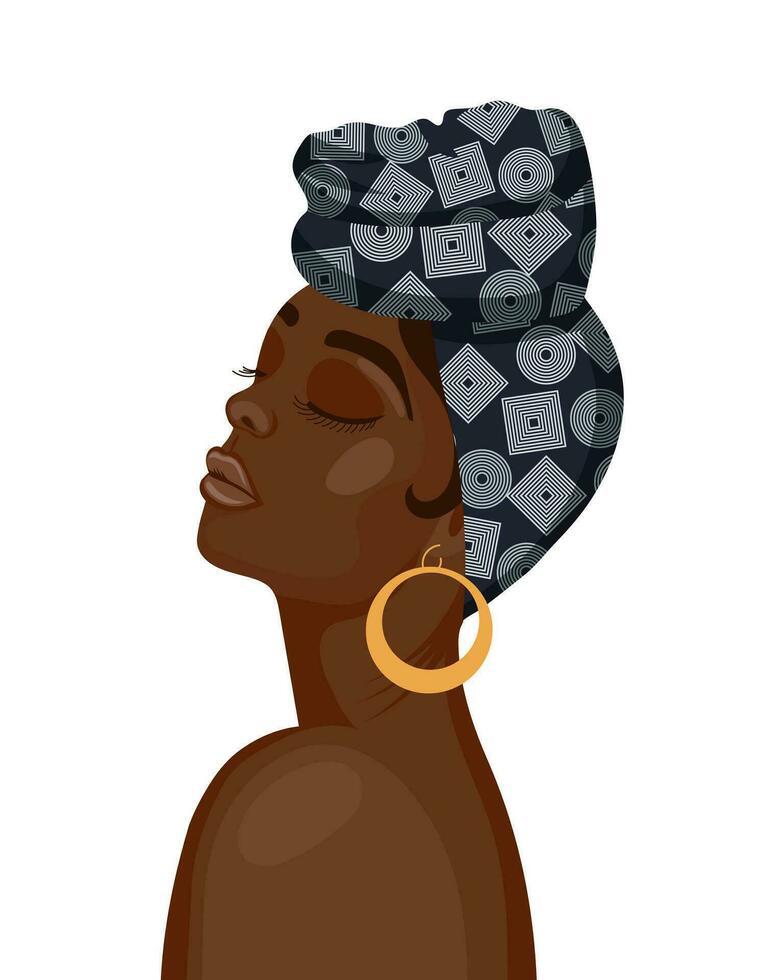 retrato de una hermosa mujer africana con un tocado nacional de perfil. ilustración, vectorial vector