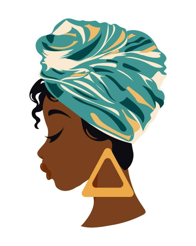 retrato de una hermosa mujer africana con un tocado nacional de perfil. ilustración, vectorial vector