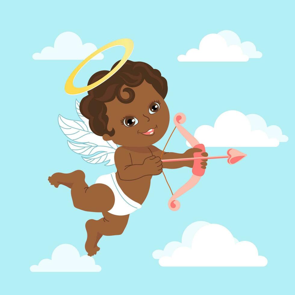 Cute cupid with bow and arrow, baby angel with a halo in the sky with clouds. Illustration, vector