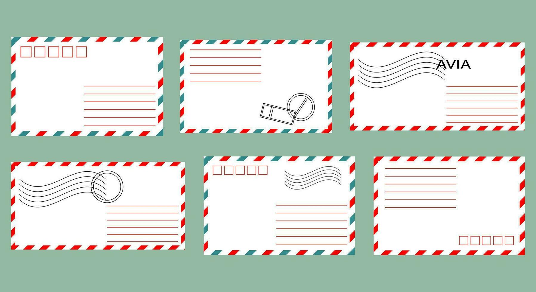 Set of postal envelopes. White envelopes with stamps. Illustration, icons, vector