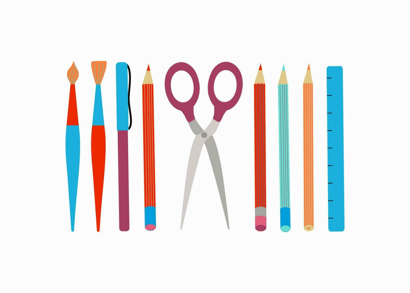 School stationery. Pens, pencils, scissors, art brush set. Tools for drawing. Vector illustration, background isolated.