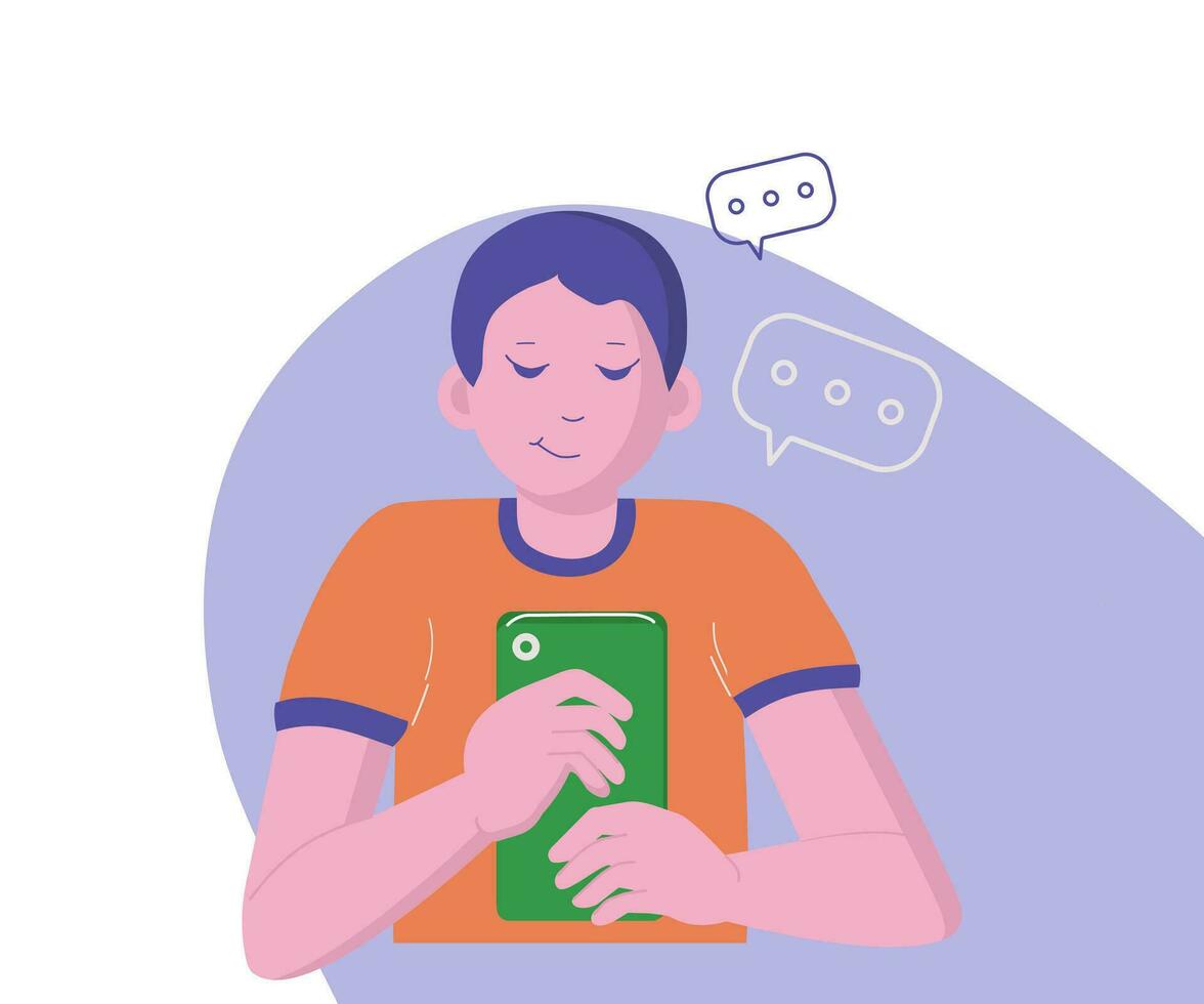 Boy with the phone. Smartphone, communication, conversation, correspondence in social network.   Vector illustration, background isolated.