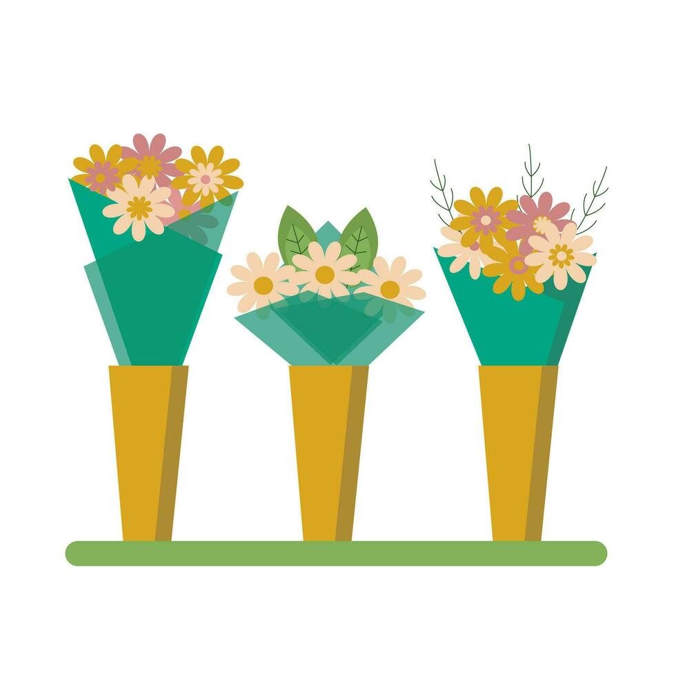 un conjunto de ramos de flores en jarrones vector