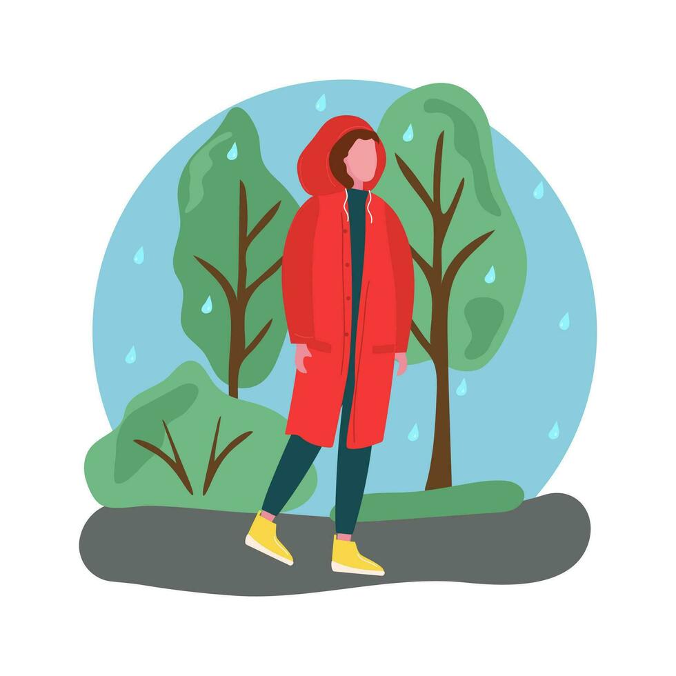 A girl in a waterproof raincoat. A girl in a waterproof raincoat. Autumn season, rain. Walking in the park. Vector illustration, background white isolated.