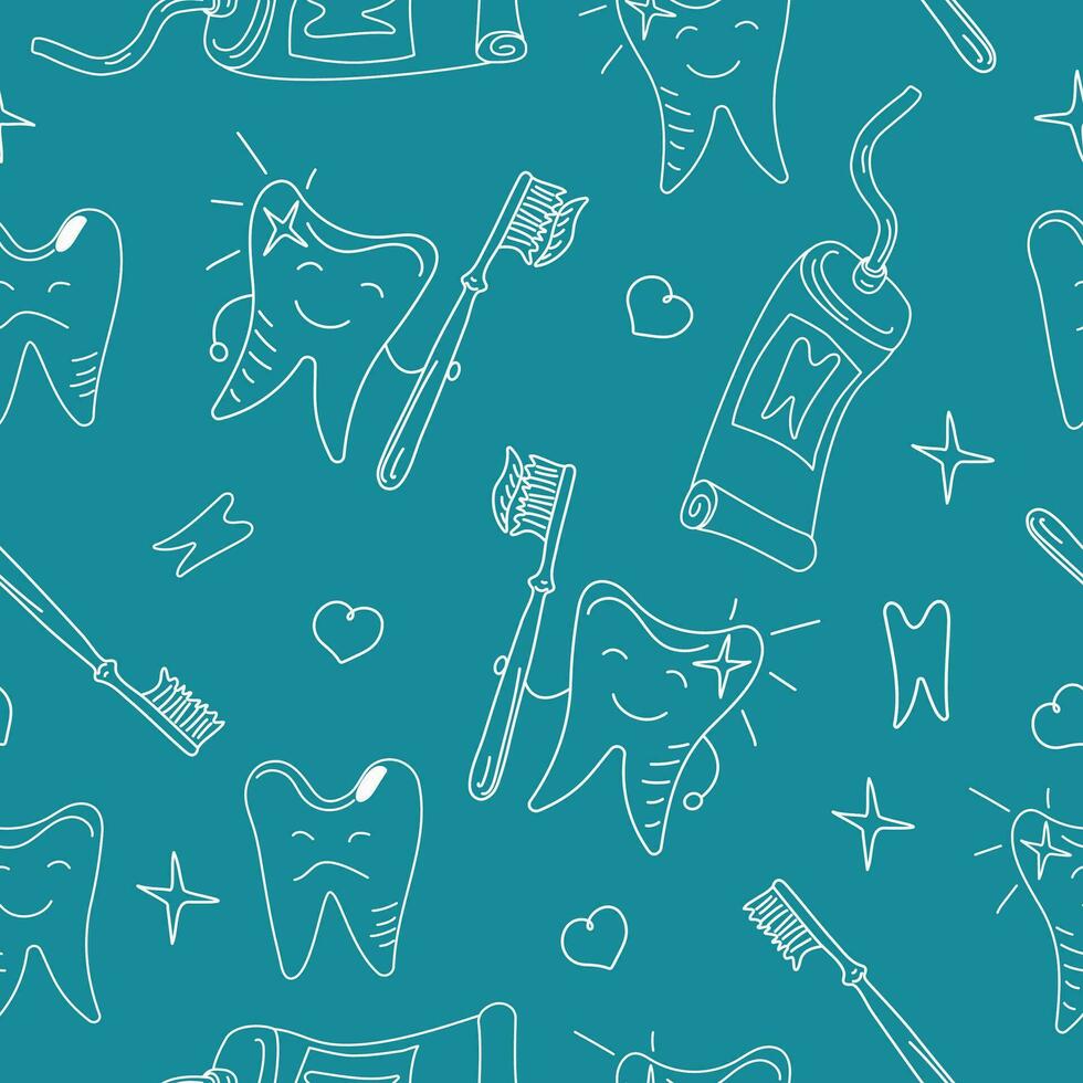 Teeth cleaning pattern. Drawings of healthy and diseased teeth. Toothbrush and toothpaste. A cheerful happy, healthy tooth. Sick tooth. Doodle vector seamless background.