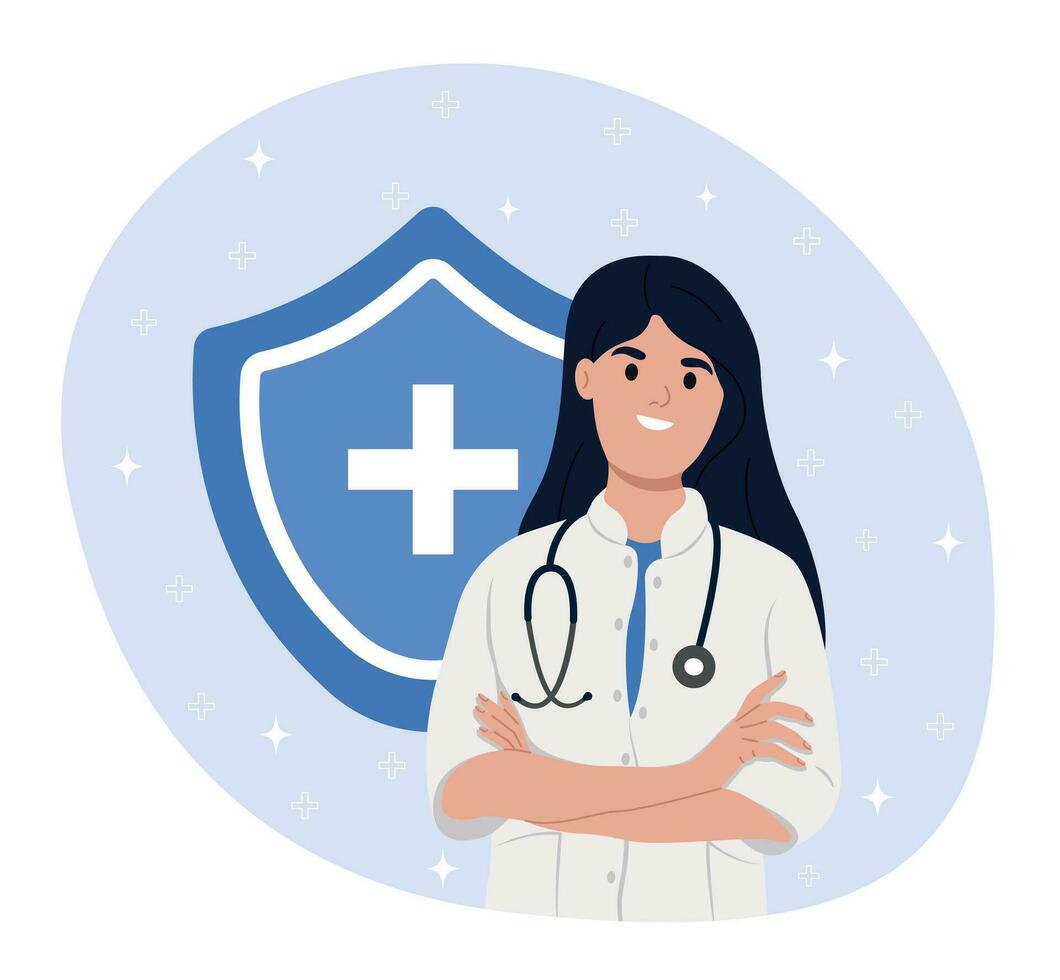 avatar sonriente hembra doctor. médico consulta en línea .blindaje, salud cuidado concepto. salud seguro concepto. inmune sistema blindaje. vector