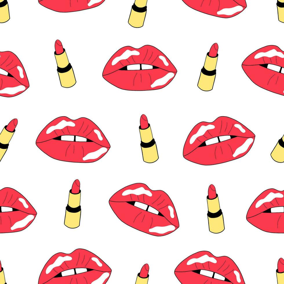 Seamless pattern with red lips and lipstick. Vector design