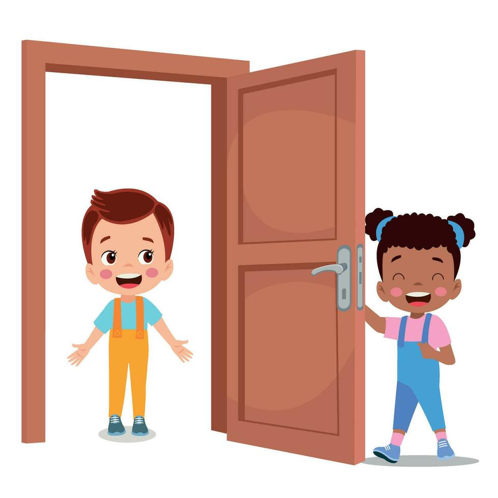 little kid standing and holding door knob vector