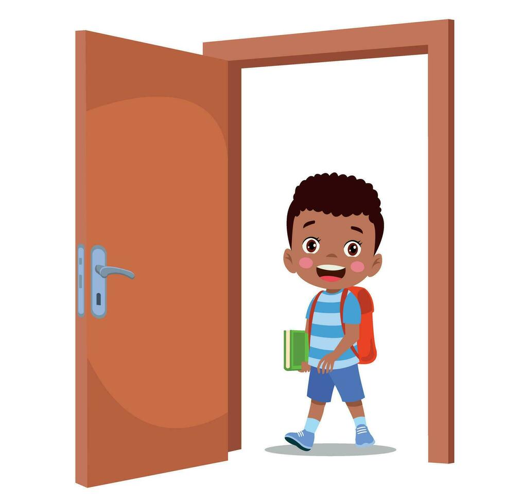 little kid standing and holding door knob vector