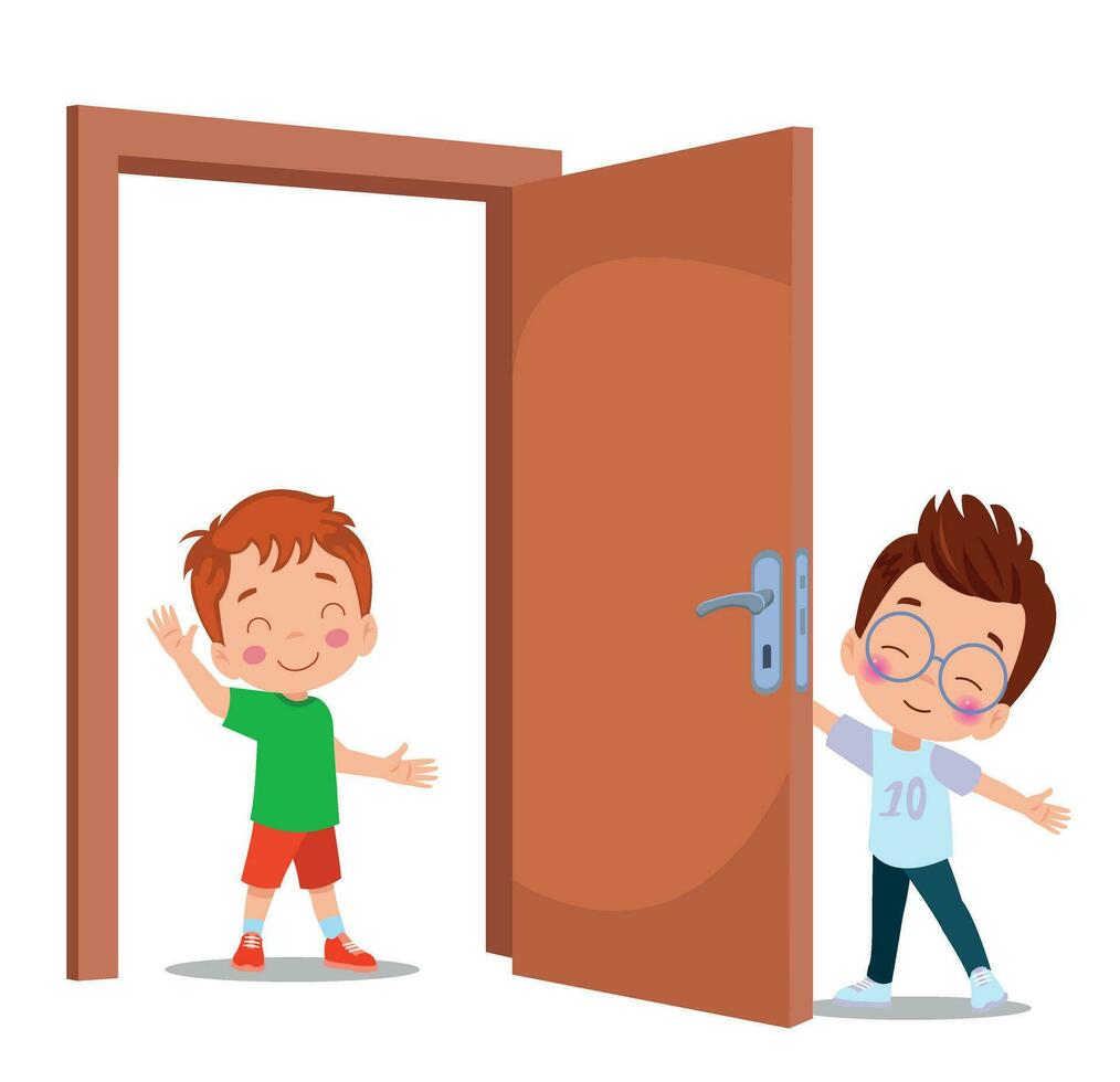 little kid standing and holding door knob vector