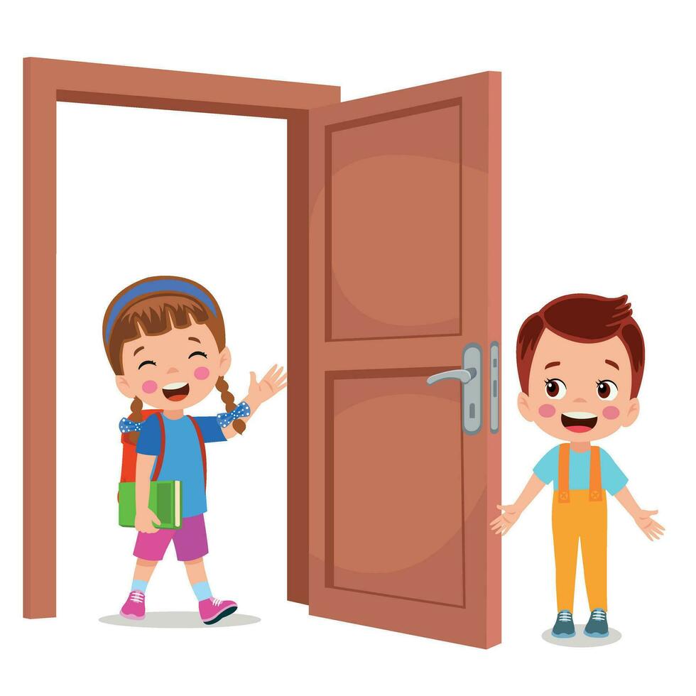 little kid standing and holding door knob vector