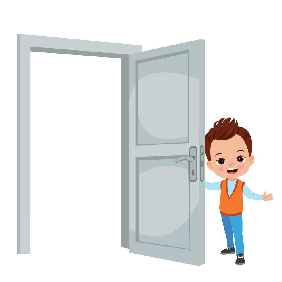 little kid standing and holding door knob vector