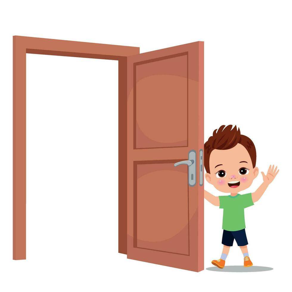 little kid standing and holding door knob vector