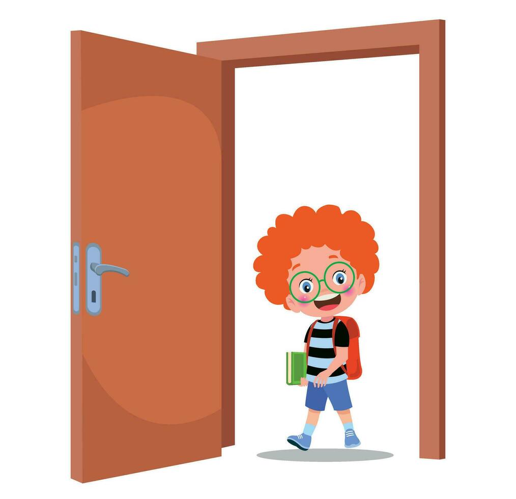 little kid standing and holding door knob vector