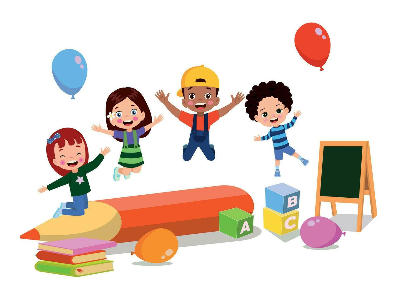 niños saltando. niños divertidos felices jugando y saltando en diferentes poses de acción educación pequeños personajes vectoriales de equipo. ilustración de niños y niños divertidos y sonrientes vector