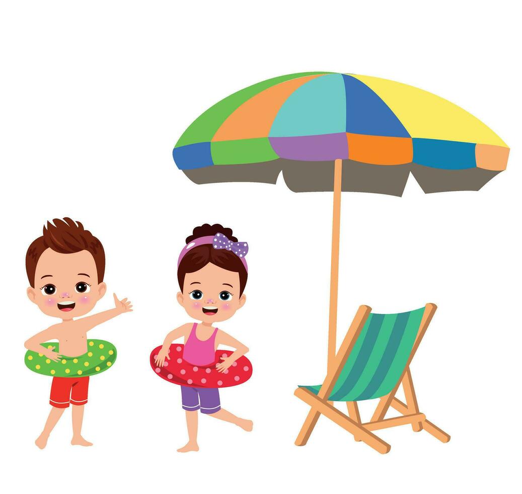 niños a el playa con un paraguas y un plegable cama vector