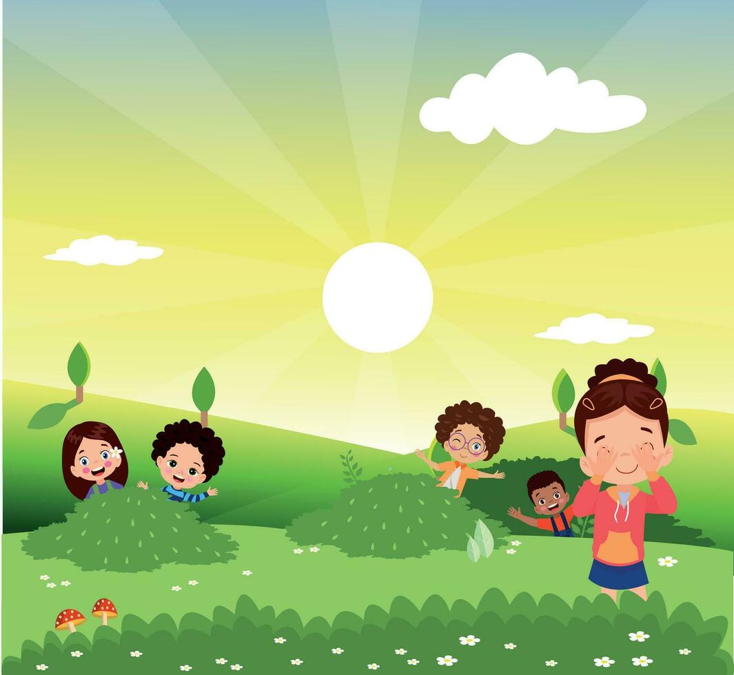 cute happy kids playing hide and seek vector