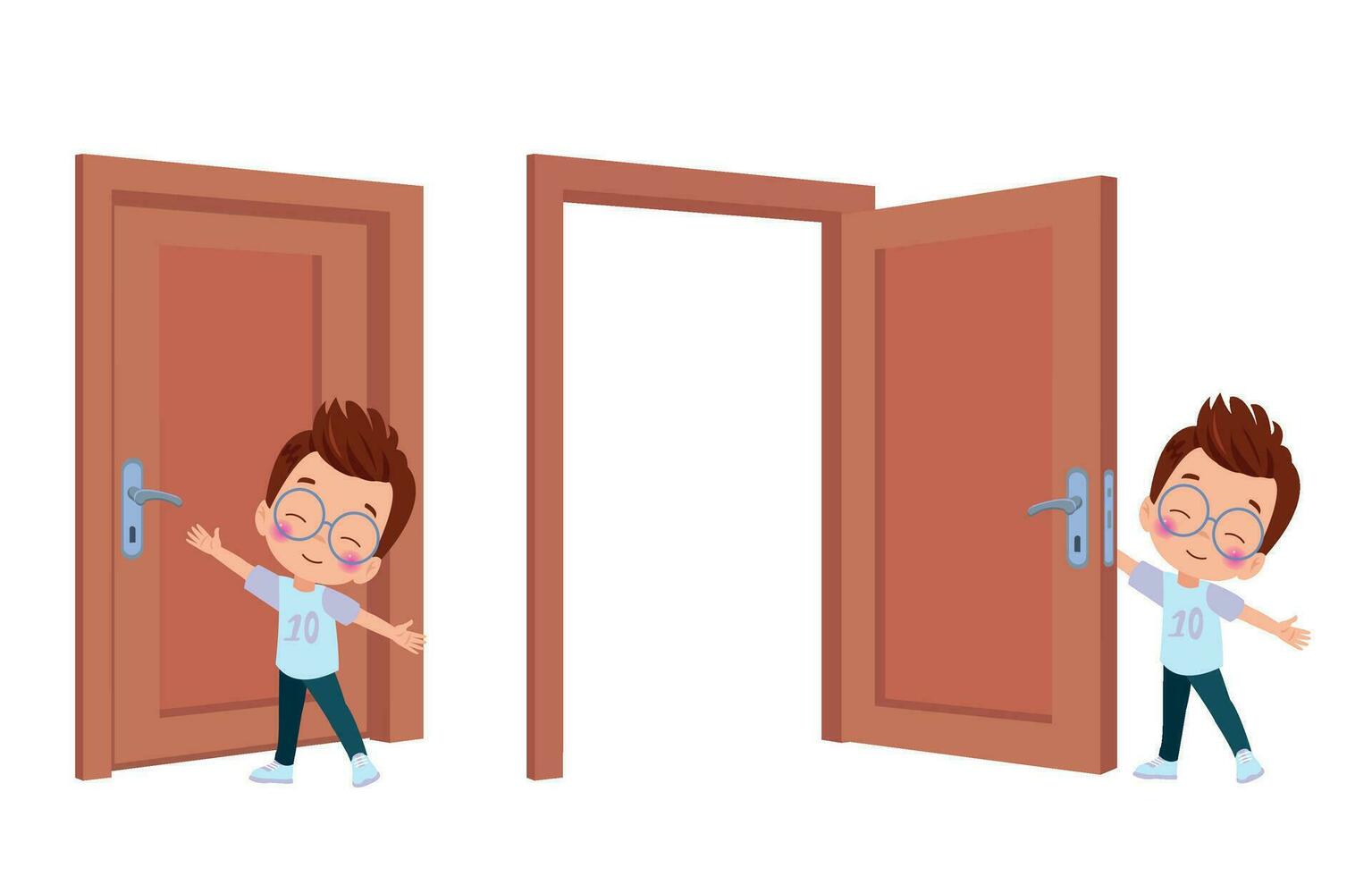 little kid standing and holding door knob vector