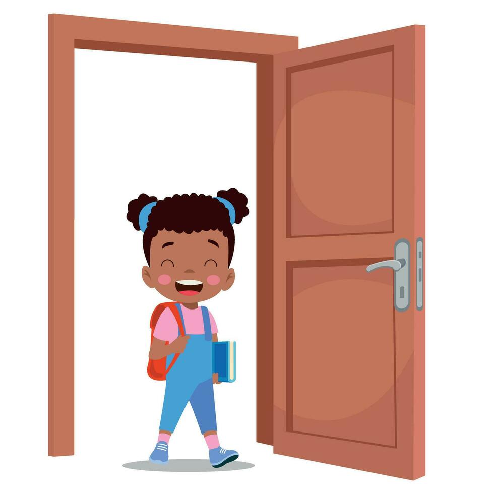 little kid standing and holding door knob vector