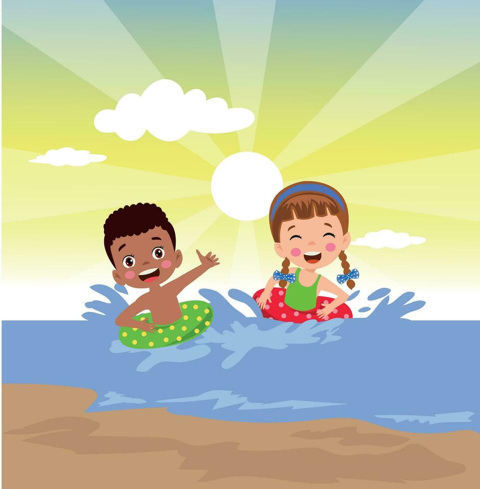 Kids at the beach with an umbrella and a foldable bed vector