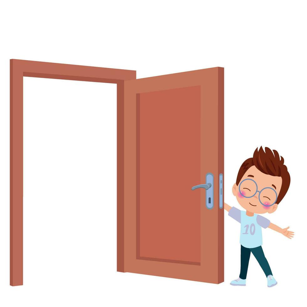 little kid standing and holding door knob vector