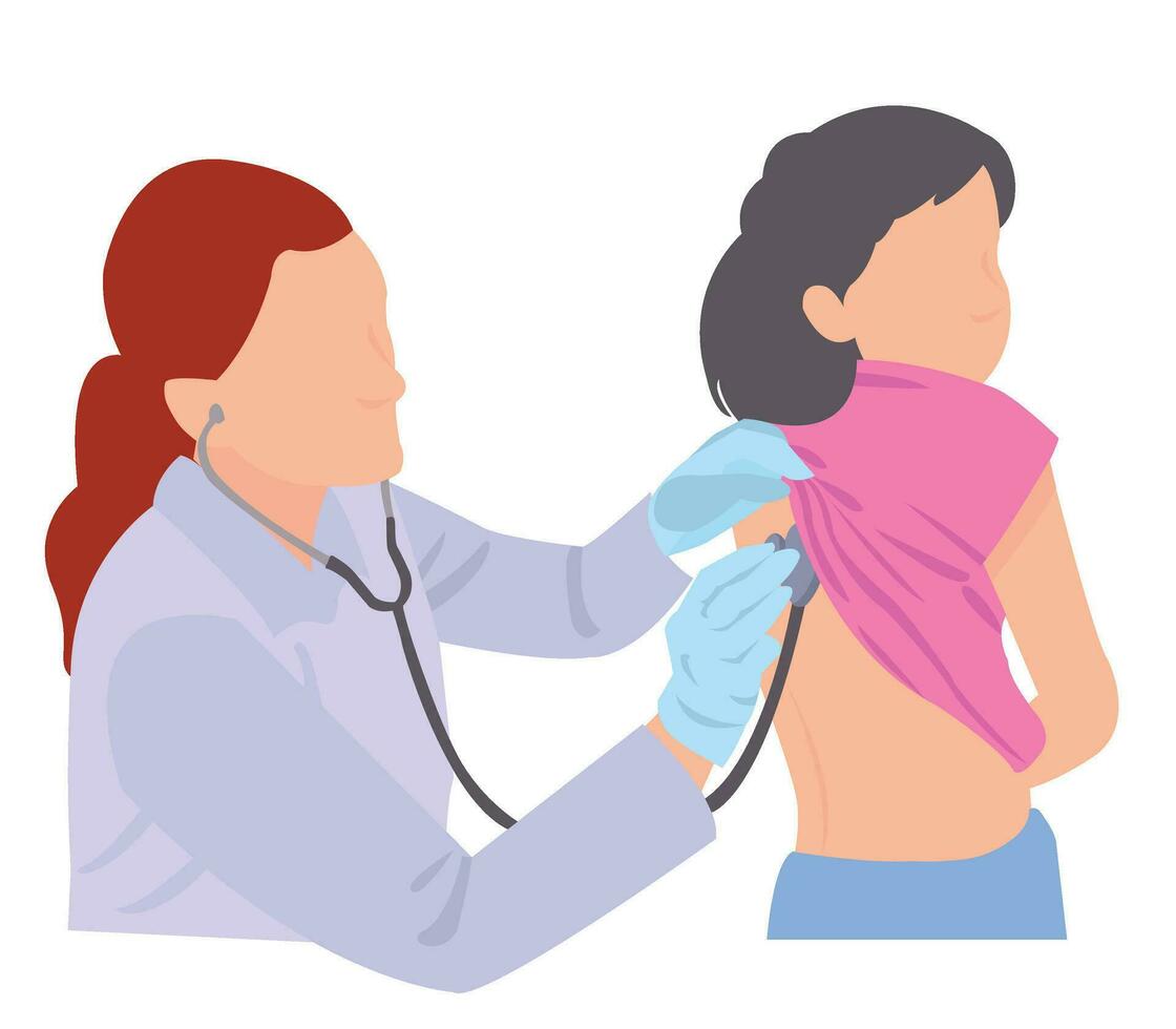 doctor, health professional, physician in white scrubs examine a child with a stethoscope, listen to his heartbeat Pediatrician examining patient child boy. Kids visit a doctor for a checkup vector