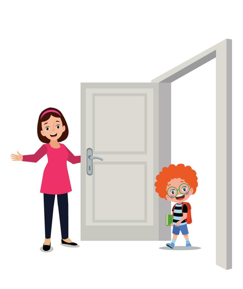 little kid standing and holding door knob vector