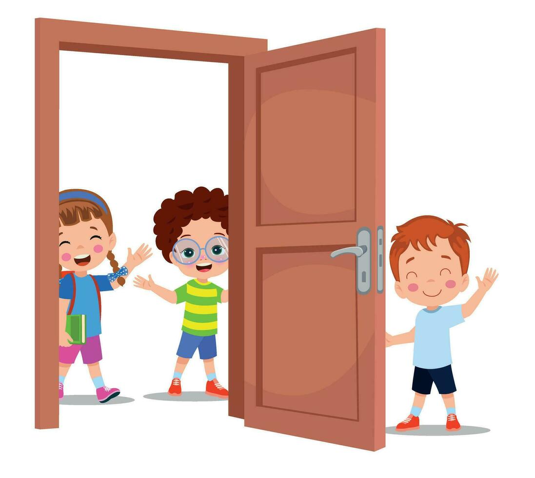 little kid standing and holding door knob vector