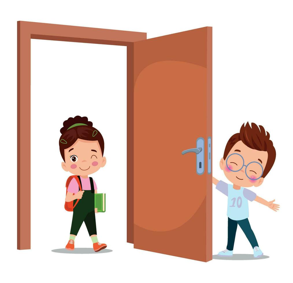 little kid standing and holding door knob vector