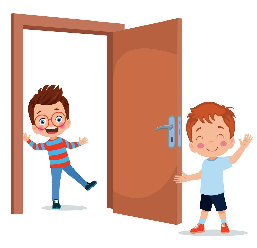 little kid standing and holding door knob vector