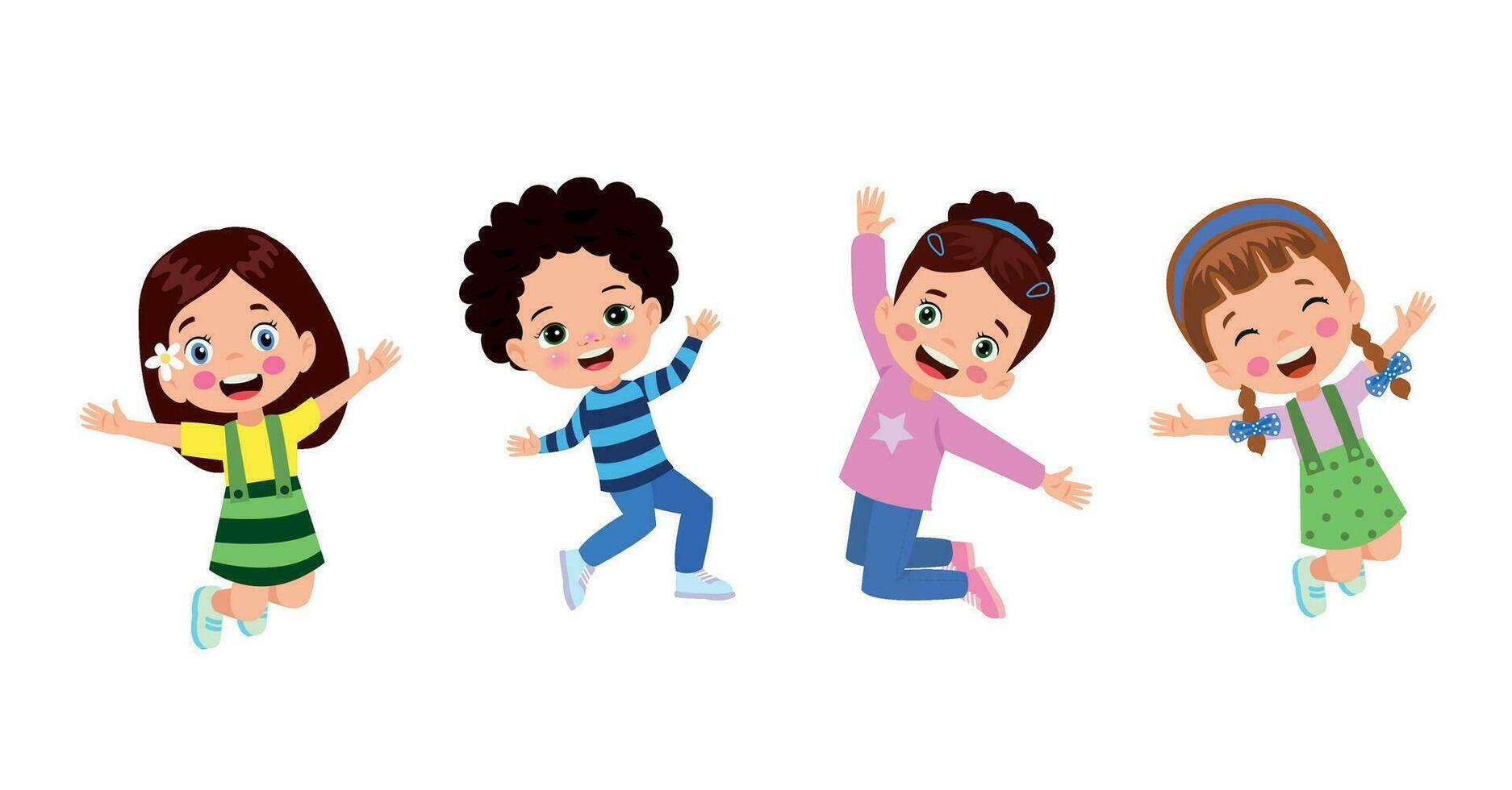 niños saltando. niños divertidos felices jugando y saltando en diferentes poses de acción educación pequeños personajes vectoriales de equipo. ilustración de niños y niños divertidos y sonrientes vector