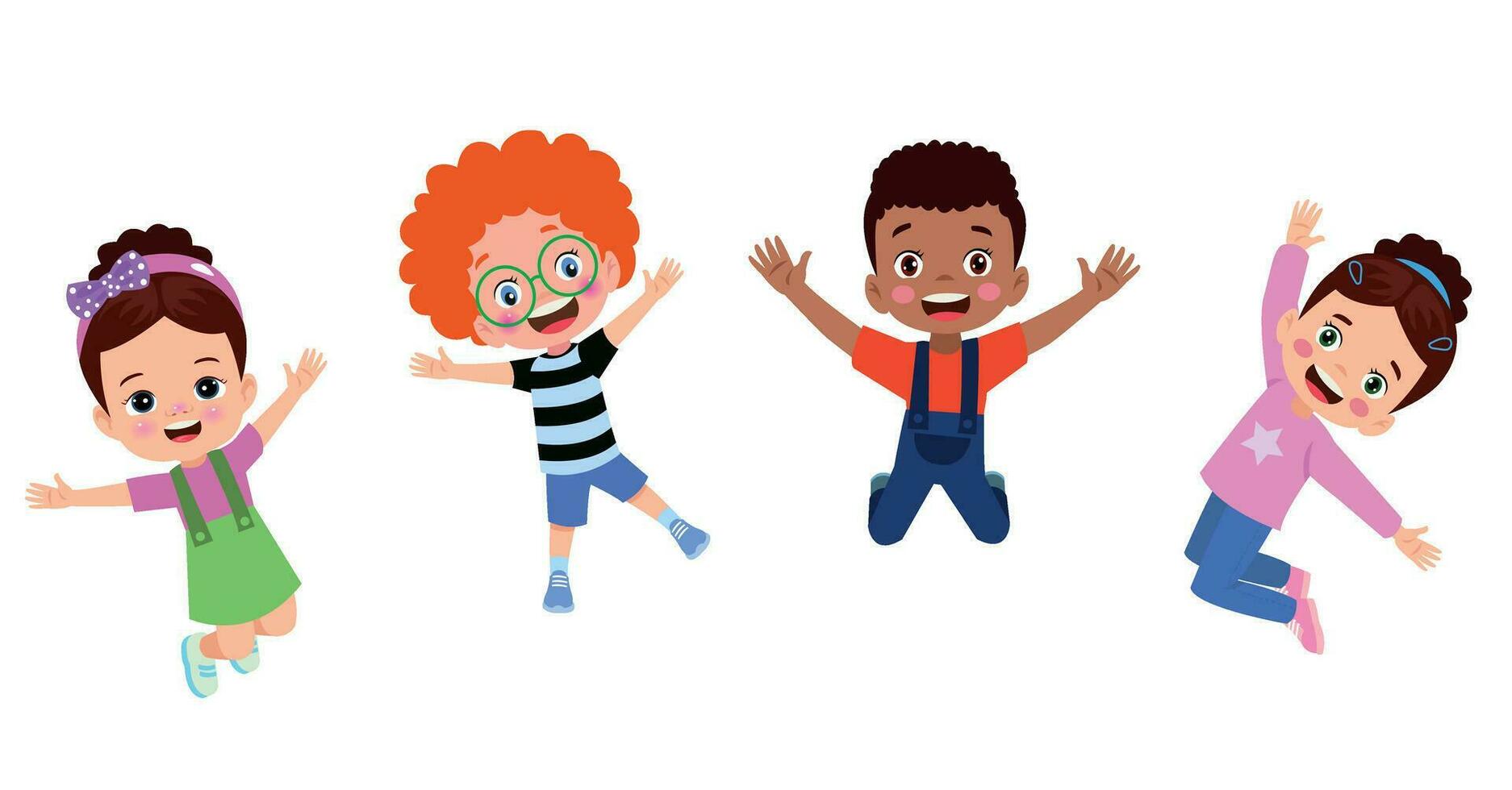 Jumping kids. Happy funny children playing and jumping in different action poses education little team vector characters. Illustration of kids and children fun and smile