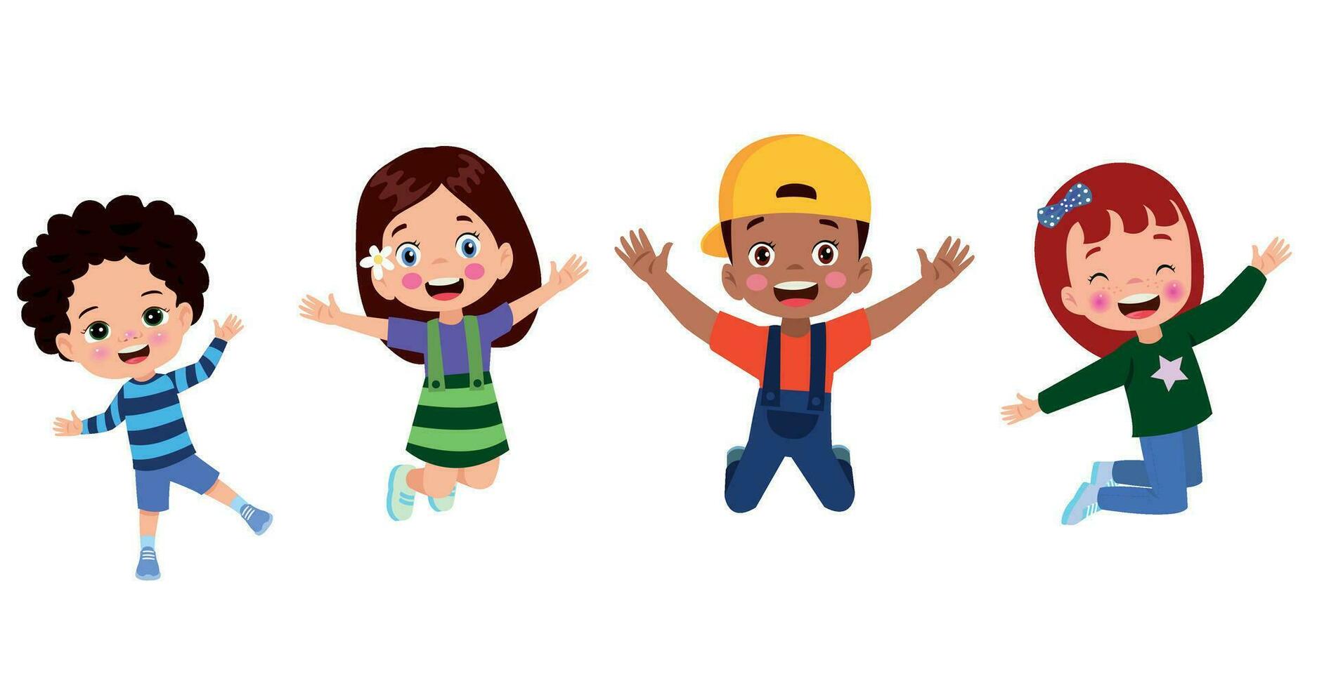 Jumping kids. Happy funny children playing and jumping in different action poses education little team vector characters. Illustration of kids and children fun and smile