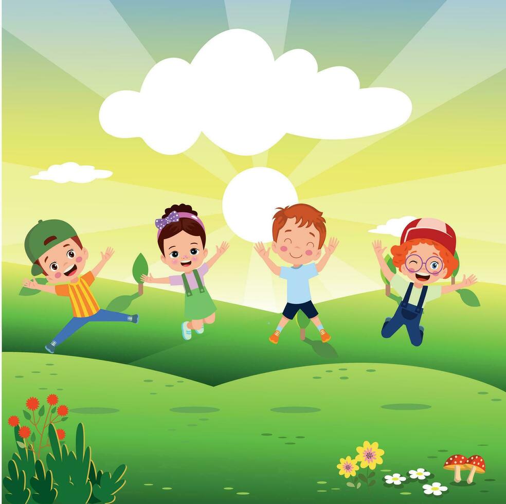 niños saltando. niños divertidos felices jugando y saltando en diferentes poses de acción educación pequeños personajes vectoriales de equipo. ilustración de niños y niños divertidos y sonrientes vector