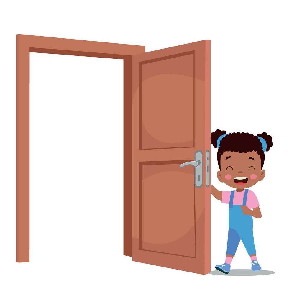 little kid standing and holding door knob vector