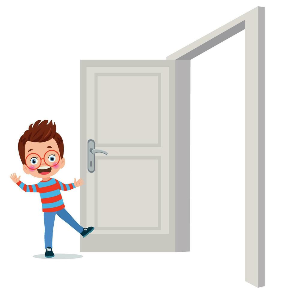 little kid standing and holding door knob vector