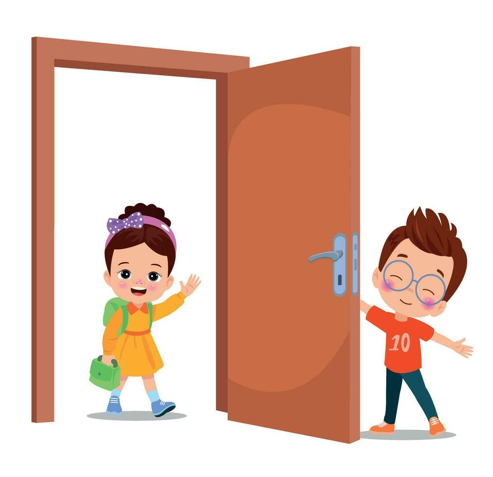 little kid standing and holding door knob vector