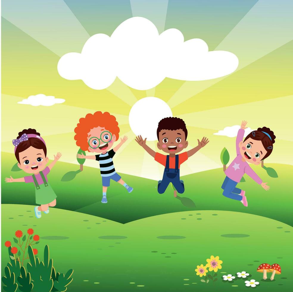 Jumping kids. Happy funny children playing and jumping in different action poses education little team vector characters. Illustration of kids and children fun and smile