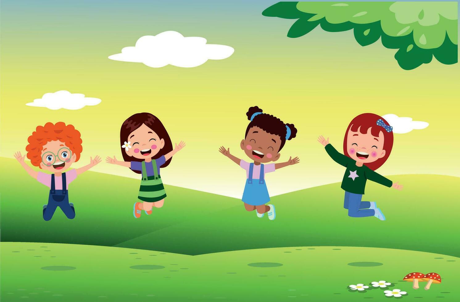 Jumping kids. Happy funny children playing and jumping in different action poses education little team vector characters. Illustration of kids and children fun and smile