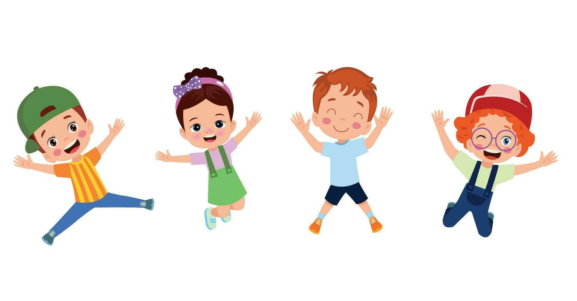 niños saltando. niños divertidos felices jugando y saltando en diferentes poses de acción educación pequeños personajes vectoriales de equipo. ilustración de niños y niños divertidos y sonrientes vector