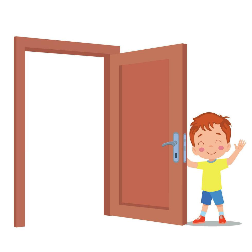 little kid standing and holding door knob vector