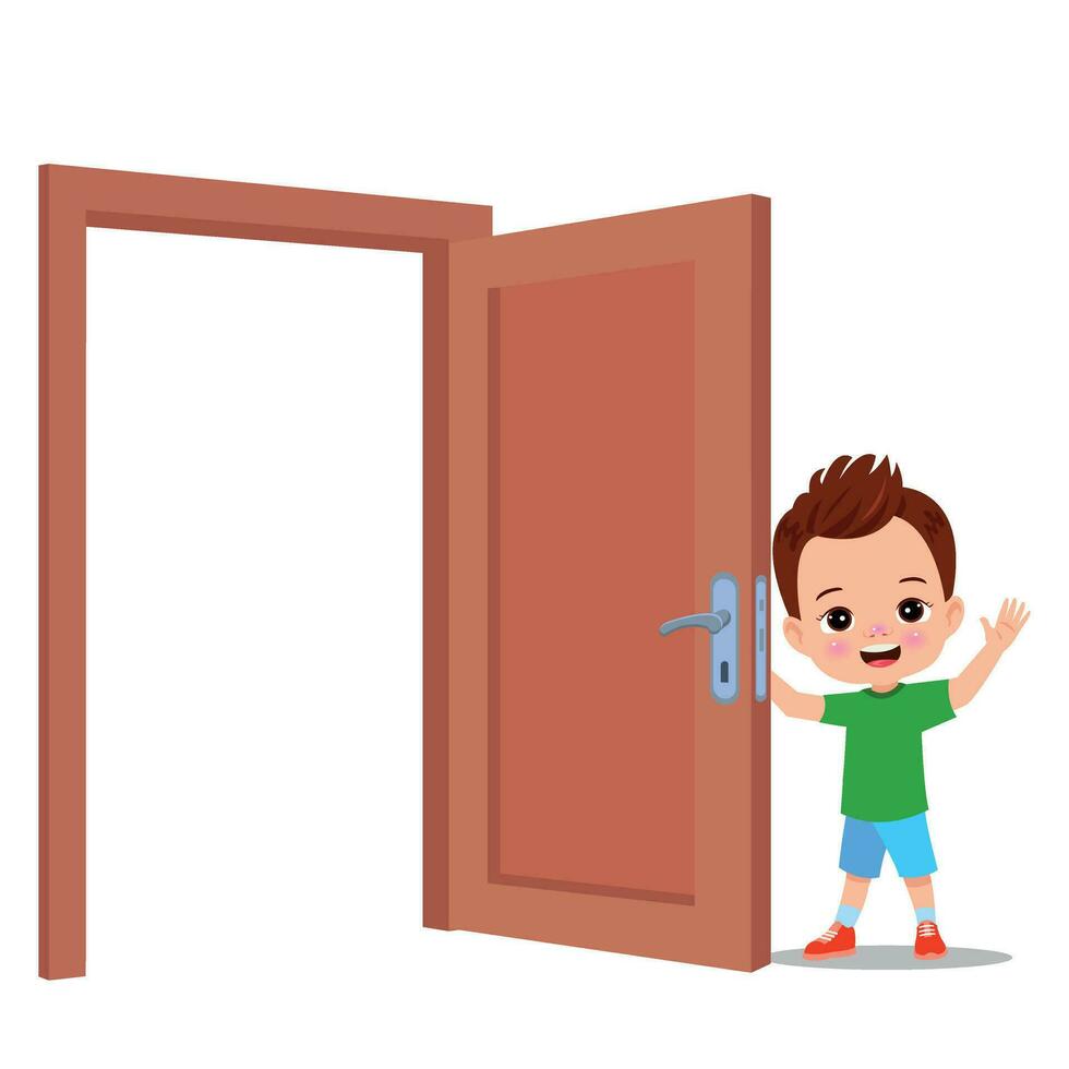 little kid standing and holding door knob vector