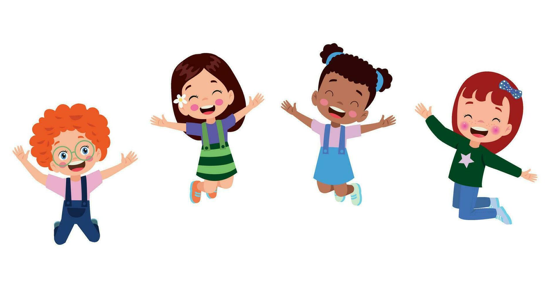 niños saltando. niños divertidos felices jugando y saltando en diferentes poses de acción educación pequeños personajes vectoriales de equipo. ilustración de niños y niños divertidos y sonrientes vector