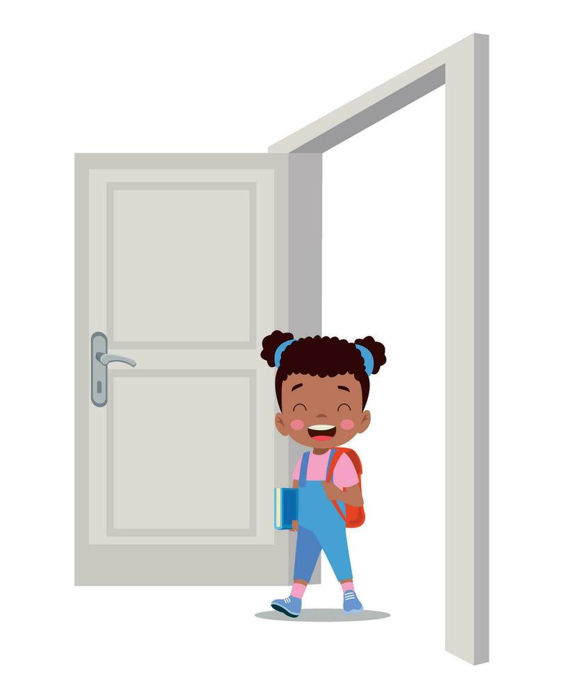 little kid standing and holding door knob vector