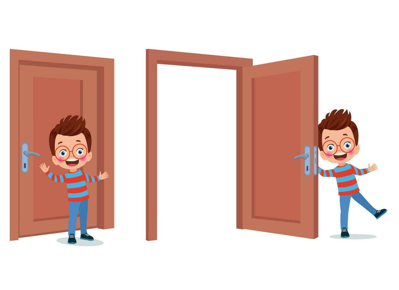 little kid standing and holding door knob vector