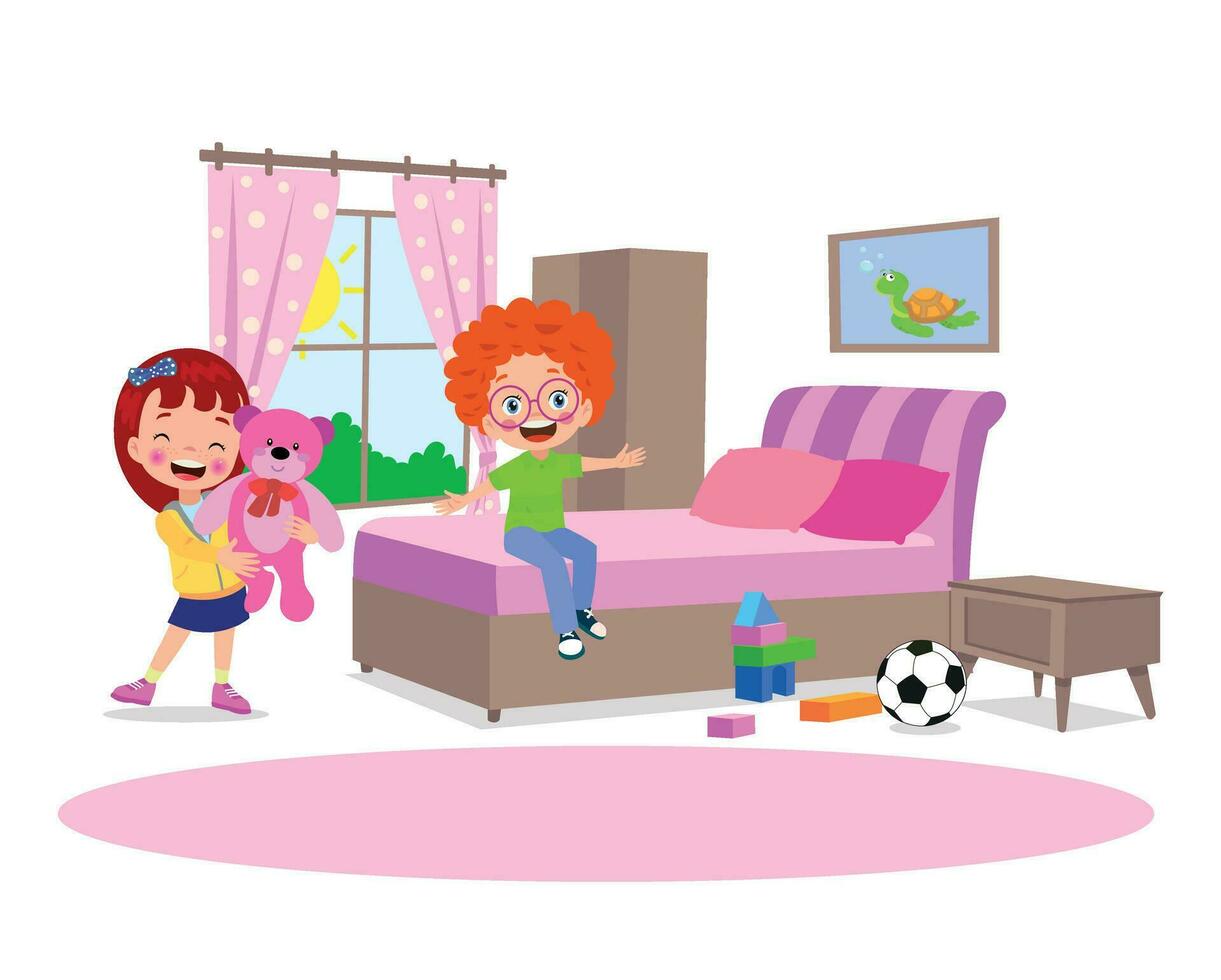 Interior of a boys' bedroom with a bank bed and a desk, flat vector design