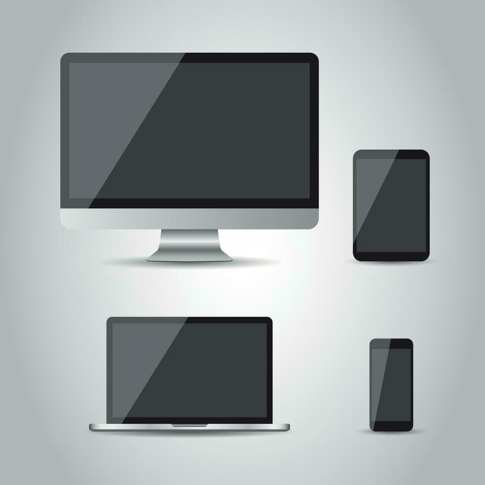 Realistic device flat Icons smartphone, tablet, laptop and desktop computer. Vector illustration on gray background